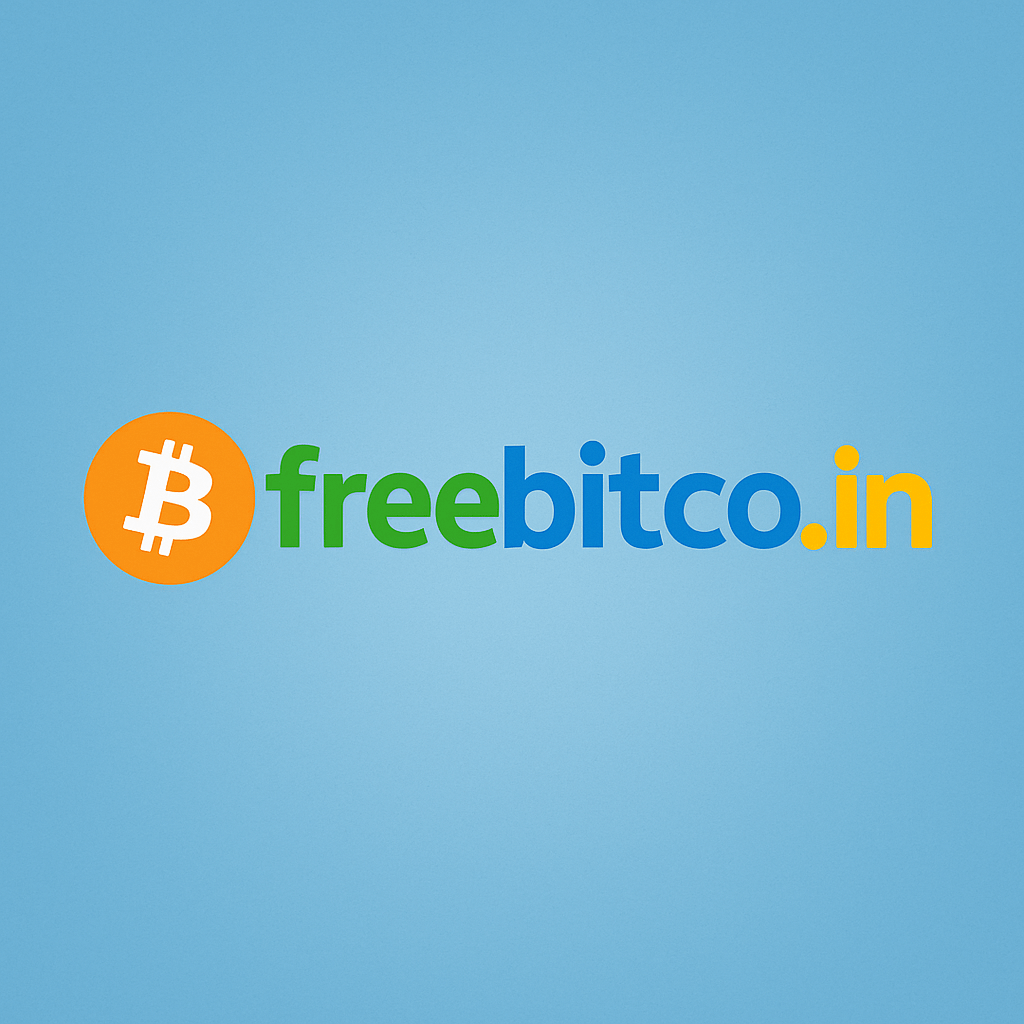 A clean and vibrant digital logo design for FreeBitco.in, featuring multicolored lowercase text—“free” in green, “bitco” in blue, and “.in” in yellow—set against a soft sky-blue gradient background. A bold orange Bitcoin symbol in a circle sits to the left, giving the logo a modern and poppy appearance.