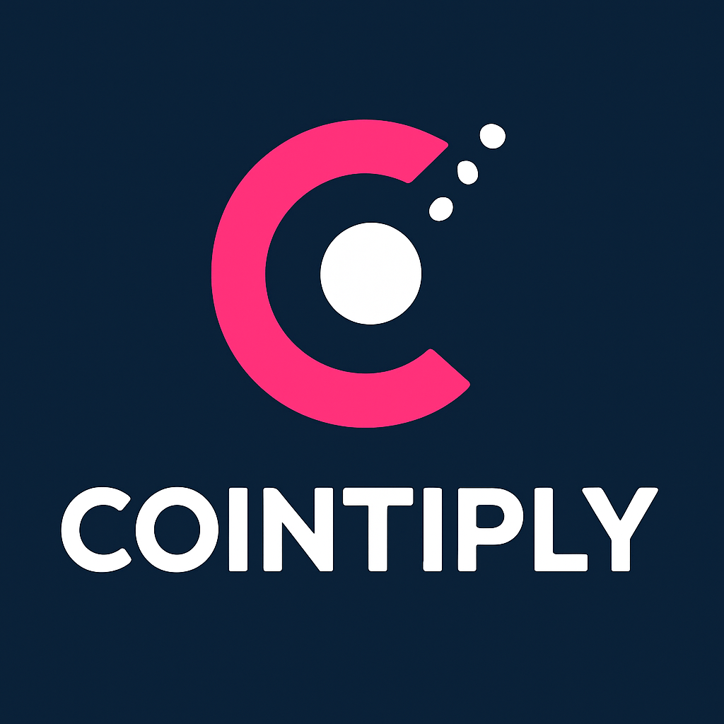 Cointiply logo with a bold pink "C" and white dot elements on a dark navy background, with "COINTIPLY" written below in clean white capital letters.