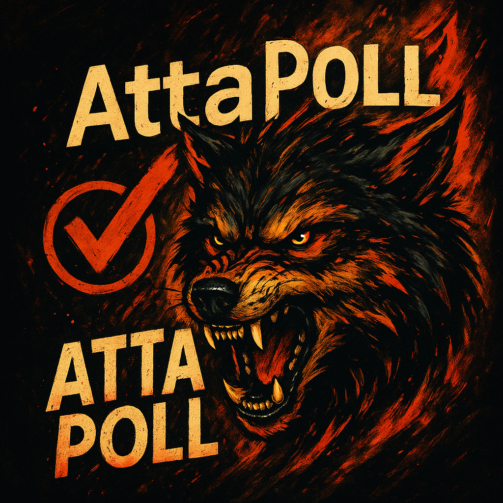 A wild digital logo design featuring a snarling wolf head surrounded by flames, with the bold text “AttaPoll” and a blazing red checkmark against a dark, fiery background.