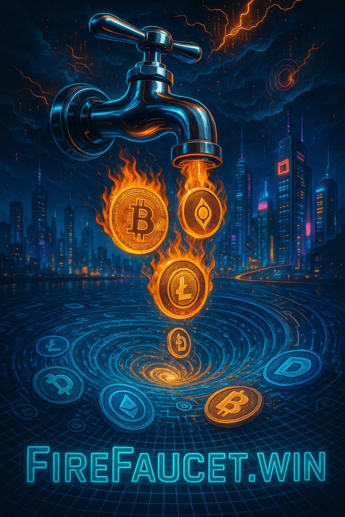 A futuristic digital artwork of a chrome faucet floating in a neon-lit cyberpunk city, releasing flaming crypto coins (Bitcoin, Litecoin, and Cointiply) into a glowing vortex surrounded by blockchain symbols, with the text “FireFaucet.win” at the bottom in radiant blue.